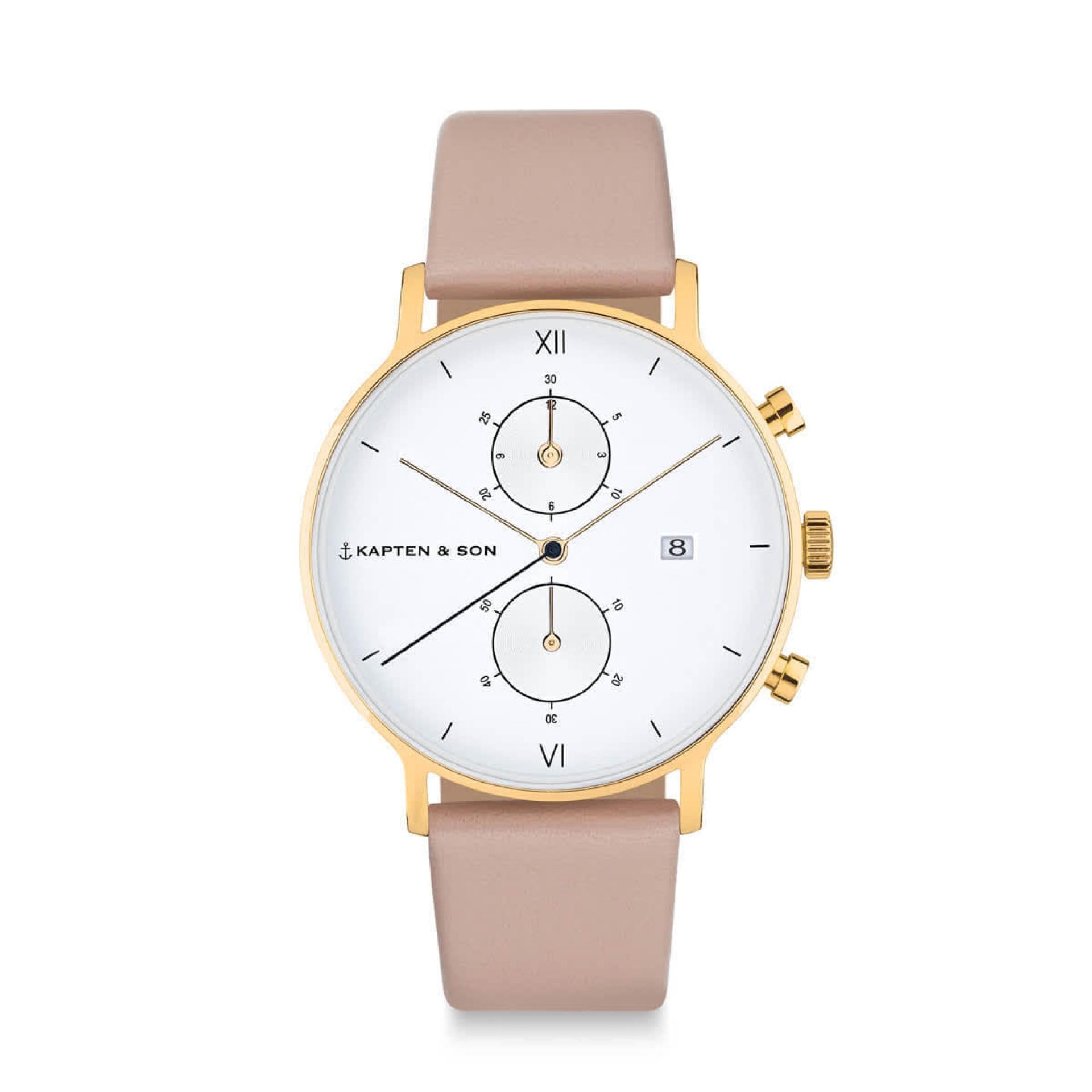 Kapten & Son Uhr Chrono Gold Cherry Blossom Leather 40mm