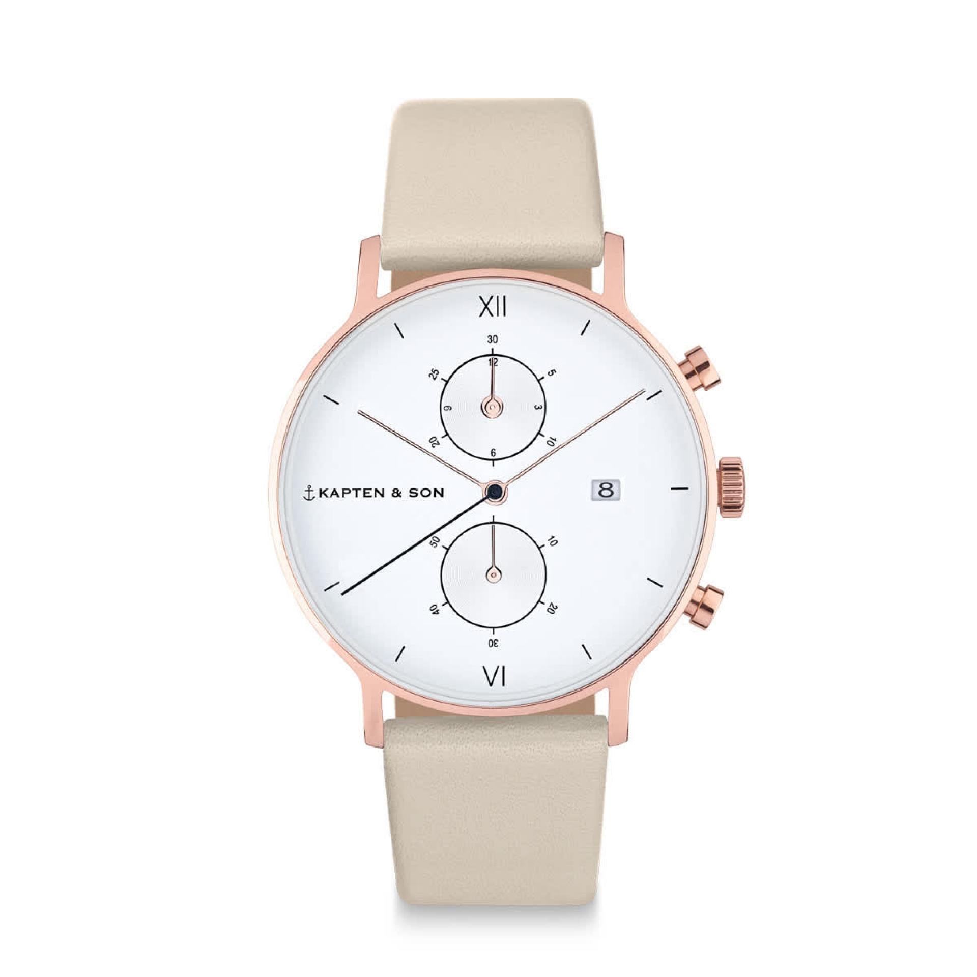 Kapten & Son Uhr Chrono Sandstone Leder Beige Roségold 40 mm